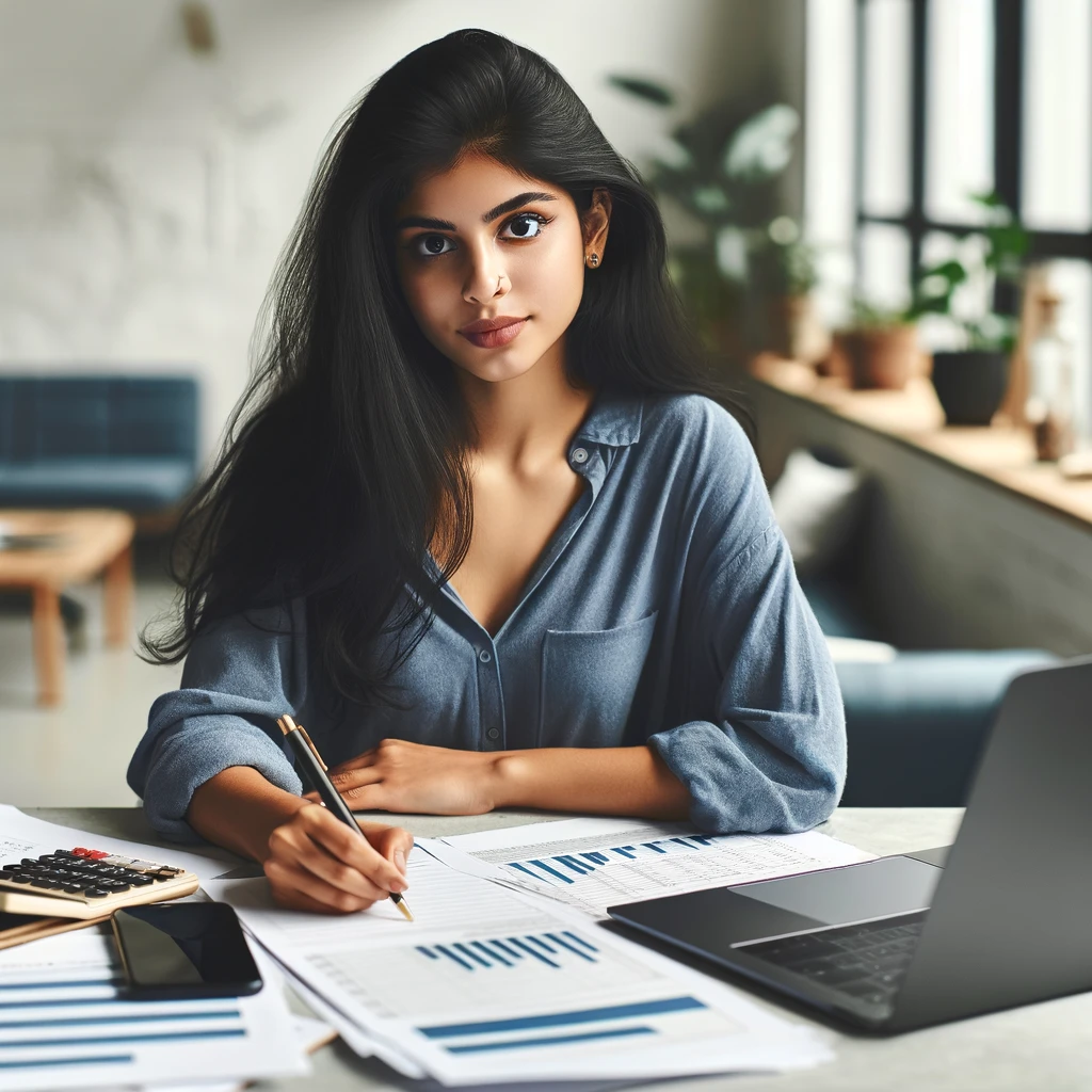A young South Asian woman sits at her desk, focused on managing her finances. She is reviewing documents and typing on a laptop that displays spreadsheets, surrounded by a minimalist workspace with indoor plants. She has long black hair and is wearing a blue shirt.
