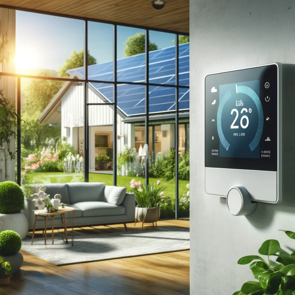 A modern home interior with a smart thermostat on the wall, displaying a temperature setting. Through the window, solar panels on the roof and a green garden are visible, emphasizing energy efficiency and eco-conscious living.