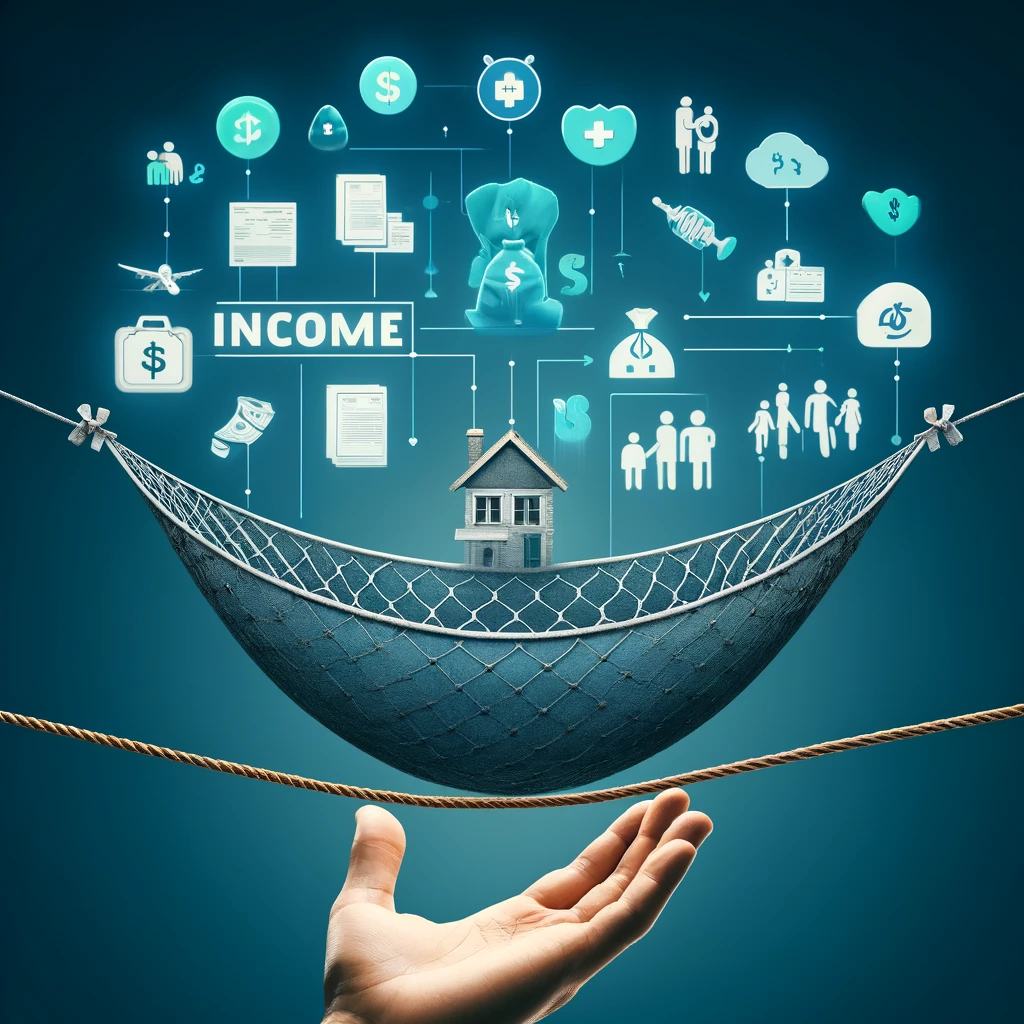 A stylized image showing a safety net under a tightrope, with icons of a house, bills, and a medical symbol floating above the tightrope, symbolizing financial obligations and health concerns covered by income protection insurance.