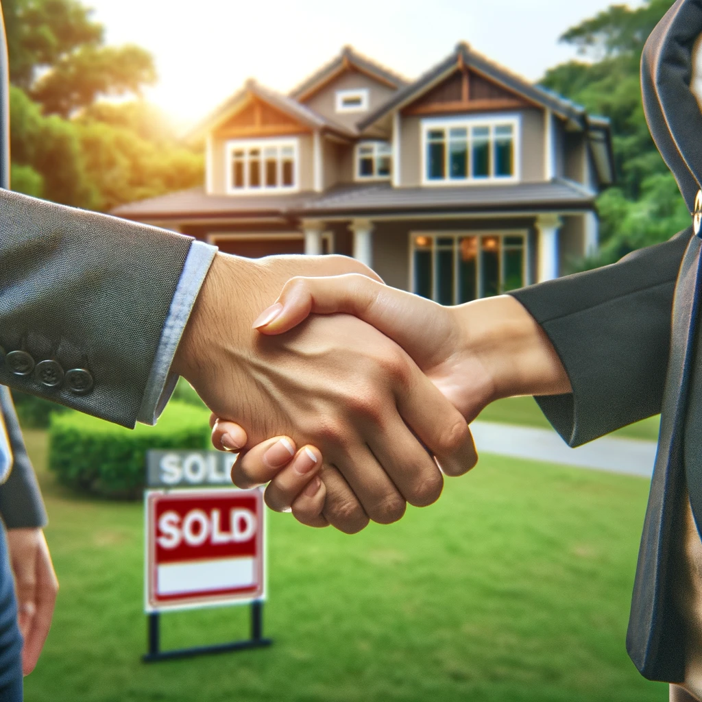 Two professionals, a man in a dark suit and a woman in a tailored blazer, shaking hands in front of a suburban home with a 'Sold' sign, symbolizing a successful real estate transaction.