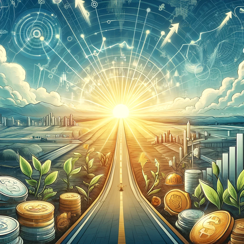 A vibrant image depicting a metaphorical path into the horizon of stock market investing, surrounded by symbols like rising graphs, coins, and sprouting plants, illustrating the journey of growth and opportunity in investing.