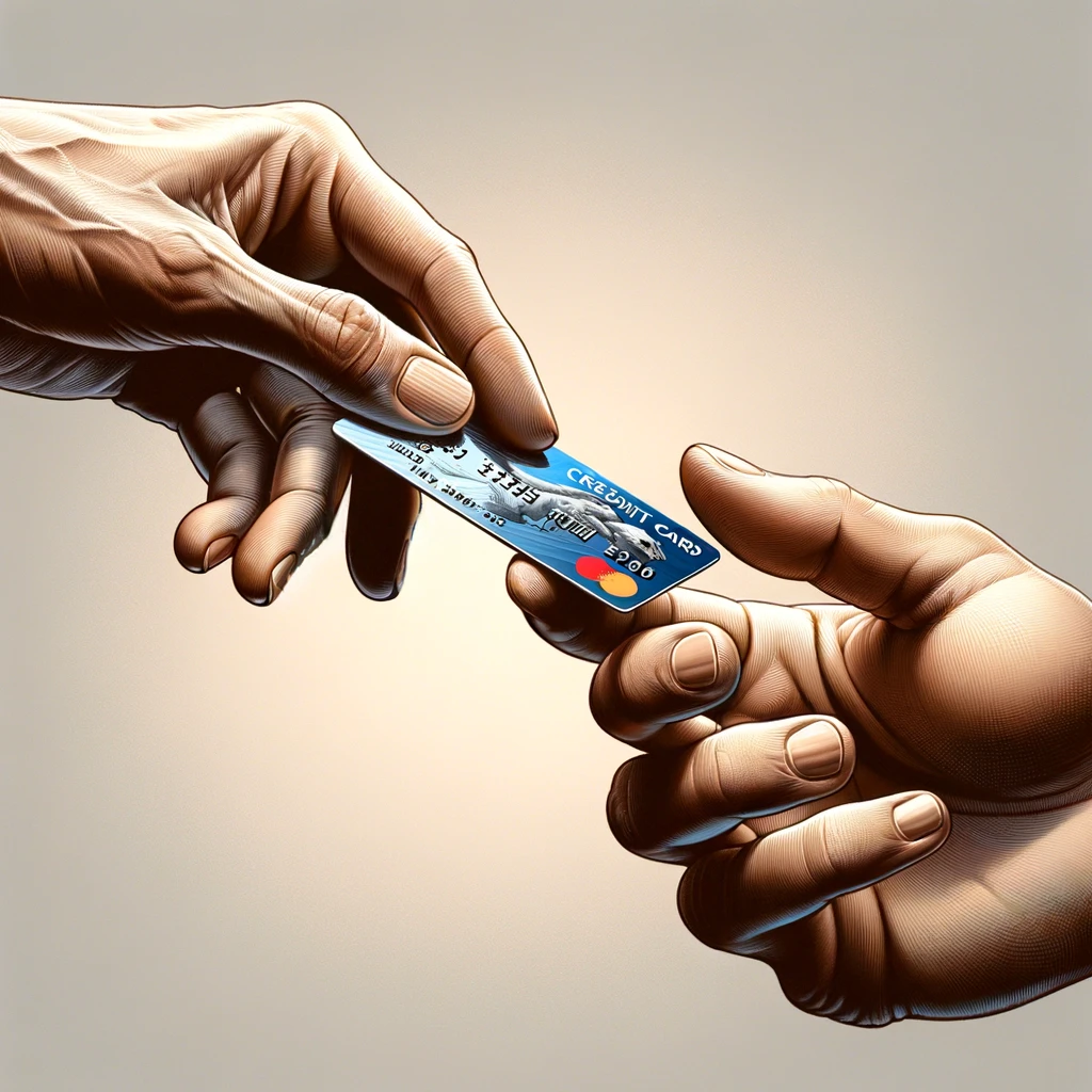 A detailed illustration of one hand offering a credit card to another hand against a neutral background, emphasizing the act of trust and transaction.