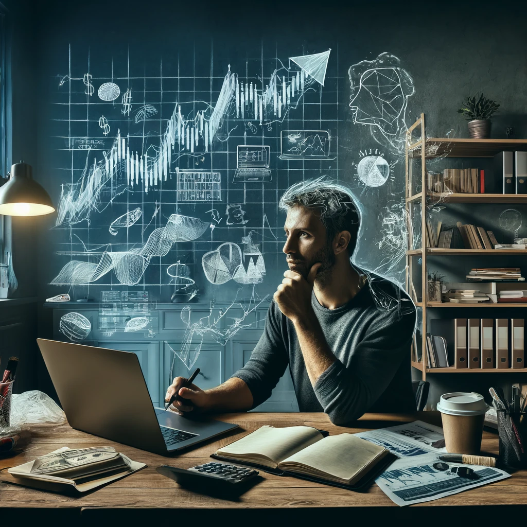A middle-aged Caucasian man sits at a cluttered desk in a well-lit home office, intently studying stock market graphs on his laptop. His expression is thoughtful as he rests his chin on one hand, surrounded by financial books, a notepad full of ideas, a calculator, and a cup of coffee.