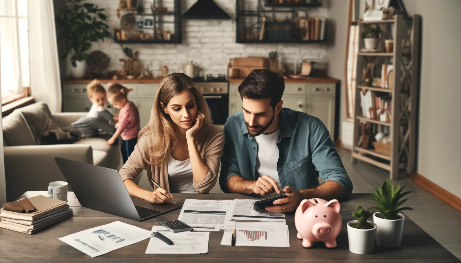 A couple sits at a kitchen table covered with documents, a laptop, and a calculator, focused on planning for their child's education. They look at a chart showing education costs while their young child plays with building blocks on the floor. In the background, a piggy bank and a bookshelf filled with educational books can be seen. The room is cozy and well-lit, with warm, neutral colors.