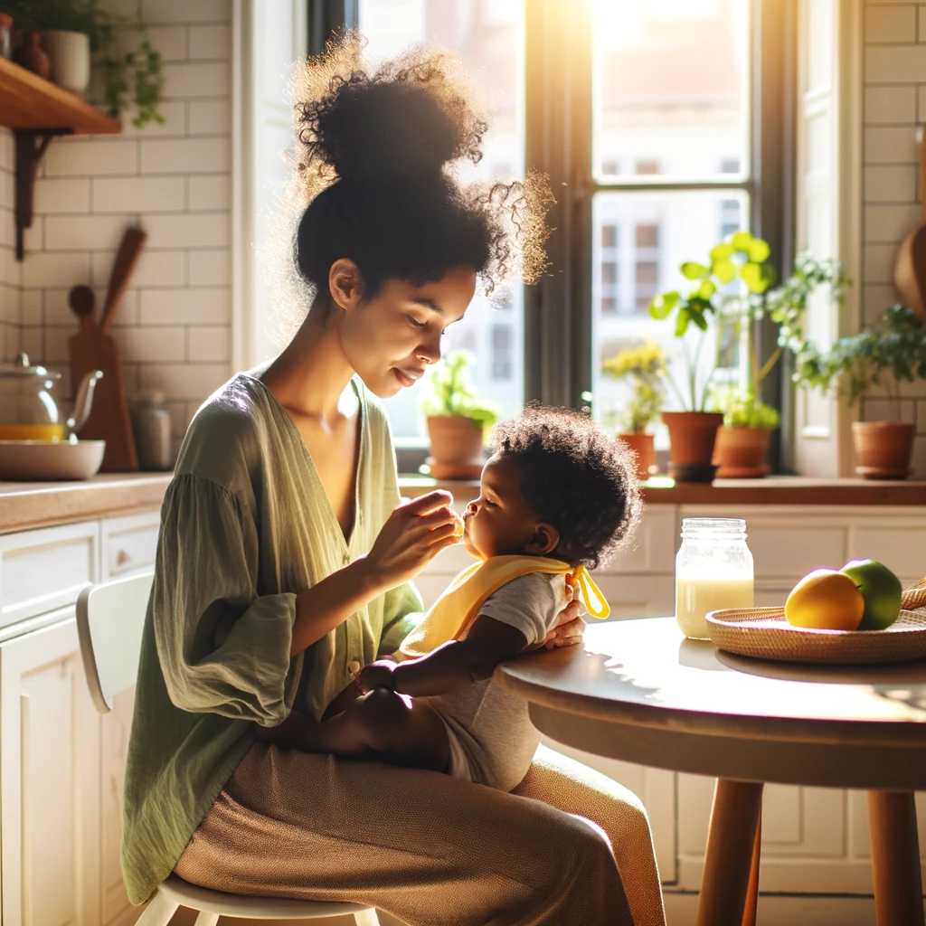 This image portrays a single mother, a young Black woman with her curly hair tied up in a bun, sitting at a small round kitchen table. She is feeding her one-year-old baby, who has curly black hair and wears a yellow bib. The kitchen is filled with morning sunlight, streaming through a large window with plants on the windowsill and a colorful fruit bowl on the table. This scene conveys warmth and a nurturing moment between mother and child.