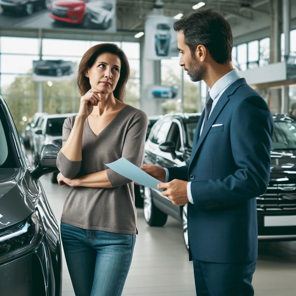 A middle-aged woman stands thoughtfully in a car dealership, holding a brochure while a salesperson gestures towards a lineup of sleek cars. The dealership is brightly lit and modern, emphasizing the woman's contemplative expression as she considers the details of leasing a vehicle.