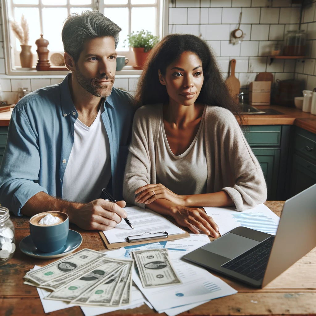 A diverse couple sits at a kitchen table, thoughtfully examining financial documents with an open laptop displaying an adoption website. The room is warmly lit, enhancing the cozy, hopeful atmosphere as they plan their future adoption.