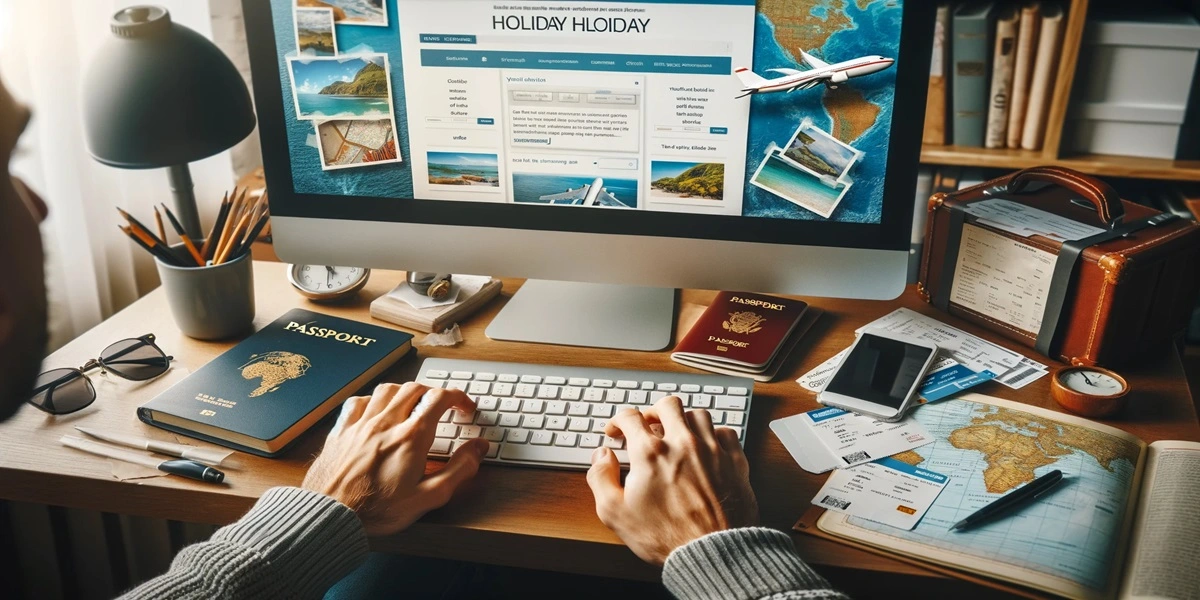 A person looks at a computer screen displaying a travel website. The desktop is filled with travel guides, maps, a passport, plane tickets, and a coffee cup, suggesting holiday planning. Their hands are on the keyboard, and they appear focused and excited, with travel-themed decor in the background.