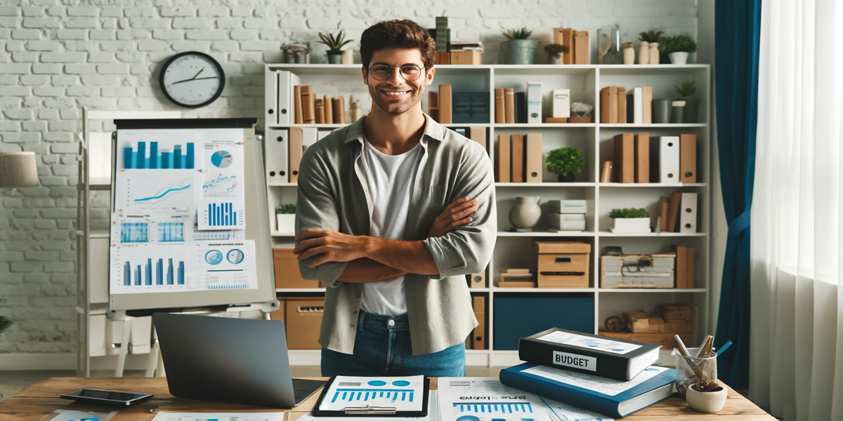 A confident individual stands in a bright, organized home office. They smile, wearing casual professional attire. Surrounding them are charts, graphs, and a laptop displaying budgeting software. Bookshelves filled with finance and investment books, along with a whiteboard covered in financial goals and strategies, complete the motivating and successful atmosphere.