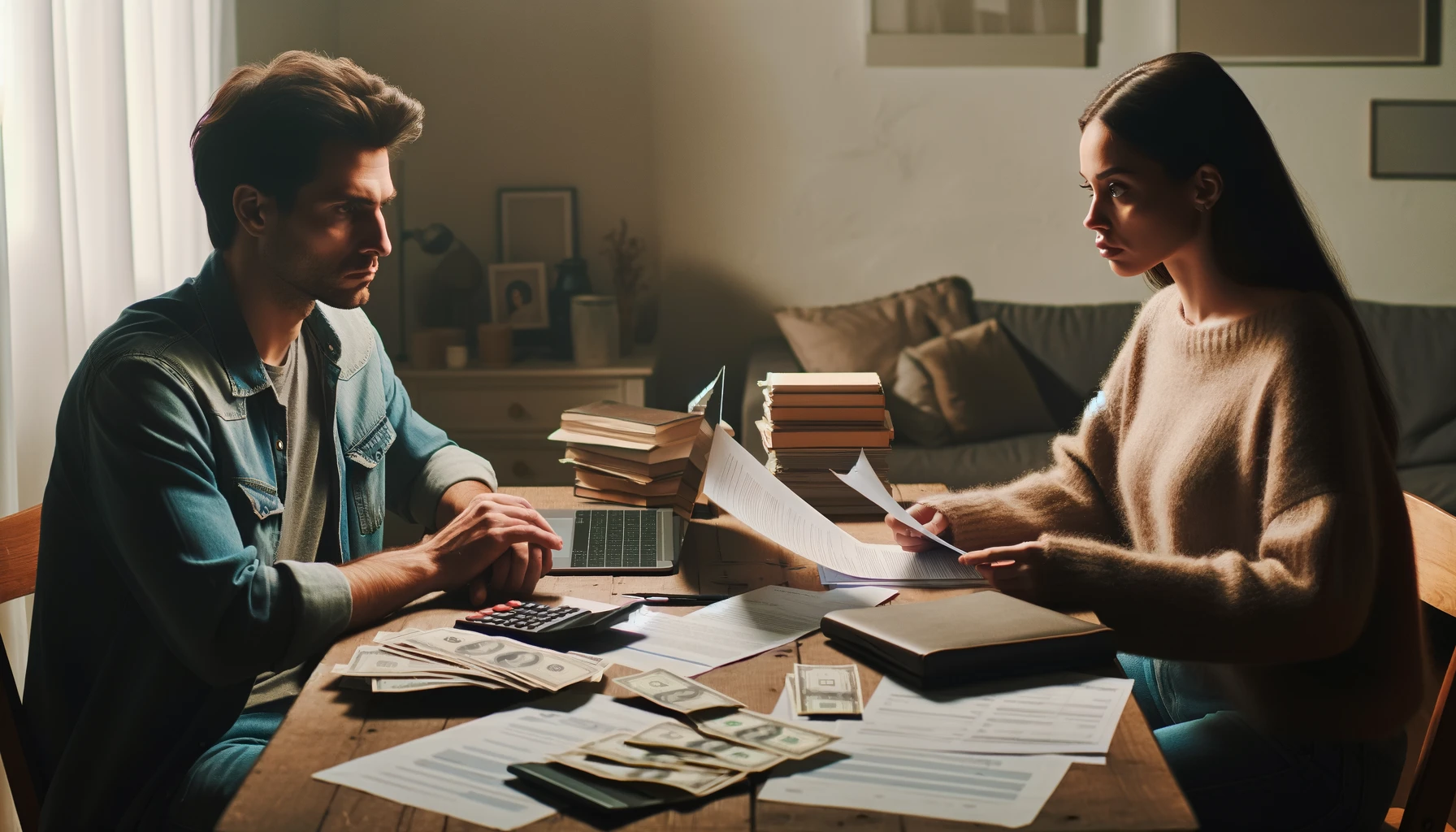 A couple sits at a table covered with papers and a laptop, facing each other with serious expressions as they sort through their finances. The room is modestly furnished, with a photo frame and books hinting at their shared past. The atmosphere is tense yet calm.