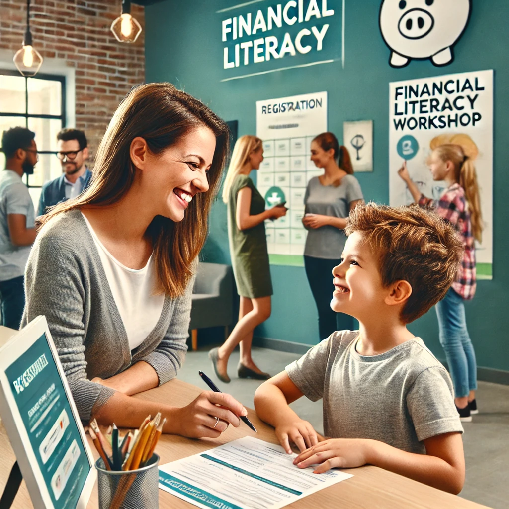 A smiling mother in her 30s registers her excited young son for a financial literacy workshop at a community center. The registration desk features bright decor and posters about financial literacy. An enthusiastic staff member assists them. Other parents and children are seen in the background.