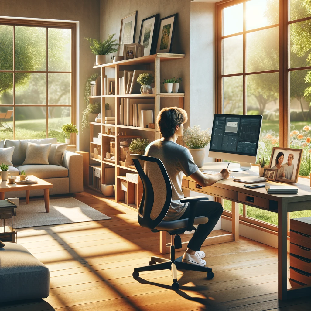 In this serene home office, sunlight pours through a large window, illuminating a tidy workspace. A relaxed individual sits comfortably in an ergonomic chair, surrounded by personal touches like family photos and a vibrant plant. The view of a lush garden outside adds to the calming atmosphere. Nearby, a cozy living area with a couch, bookshelf, and coffee table seamlessly integrates work and relaxation, embodying the perfect balance of professional and personal life.