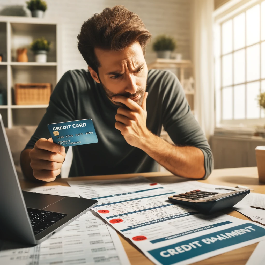 A person sits at a desk with a puzzled expression, examining credit card statements and a calendar. A laptop screen displays a credit card payment reminder. The desk is cluttered with papers and a coffee cup, and daylight streams in through a nearby window. The person holds a credit card in one hand, contemplating the payment due date.