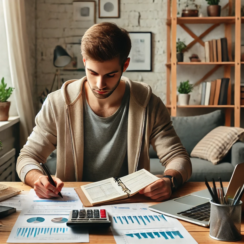 A person sits at a desk in a home office, focused on financial planning. They are surrounded by documents, a laptop displaying charts, a calculator, and a notepad. Shelves with books and potted plants are visible in the background.