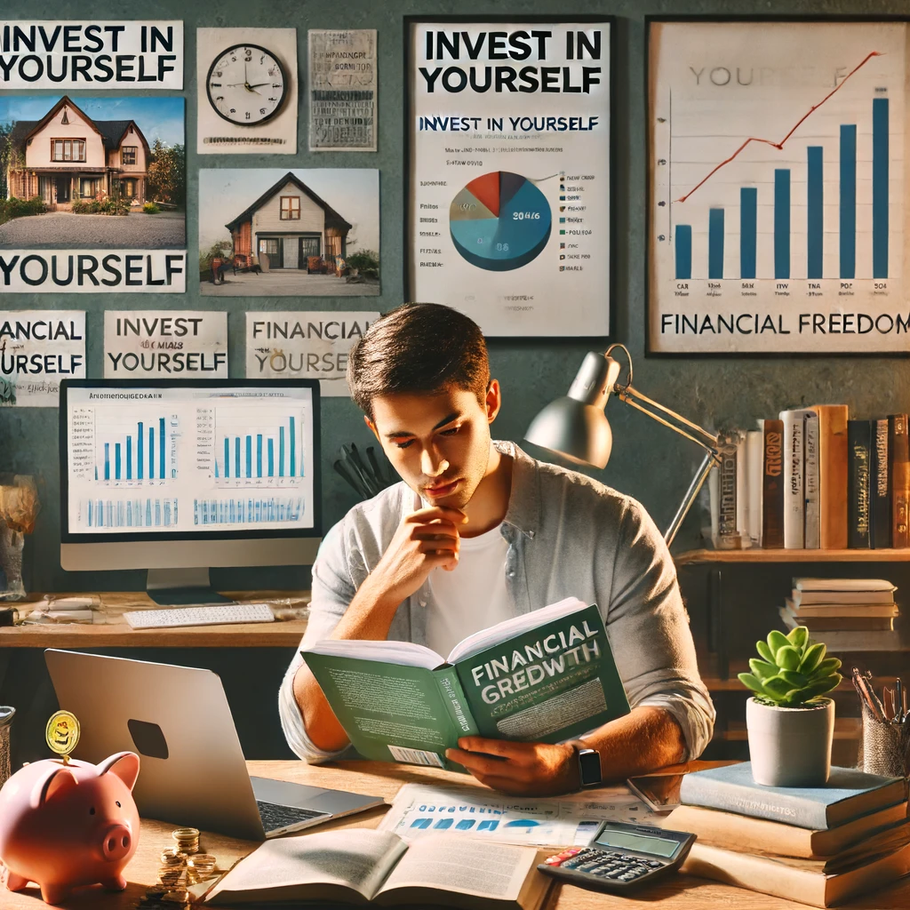 In the image, a person is engrossed in a book titled "Financial Growth" at a desk filled with finance books, charts, and a laptop displaying investment graphs. Motivational posters and a vision board with goals like a house and vacation destinations surround them, while a piggy bank, calculator, and coins symbolize practical financial management.