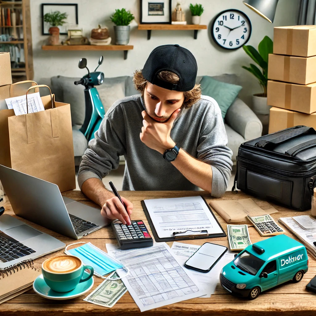 A person sits at a cluttered desk in a modest home setting, using a calculator and looking concerned. Surrounding them are gig economy tools like a laptop, smartphone with a rideshare app, delivery bags, receipts, and a cup of coffee. A calendar and clock are visible in the background.