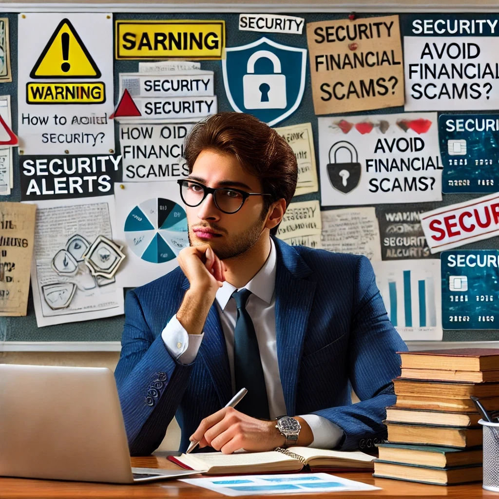 A determined person sits at a desk with a laptop, surrounded by financial books and charts. The computer screen shows security alerts, and the background has a bulletin board with safety notes. The person is taking notes, focused on understanding how to avoid financial scams.