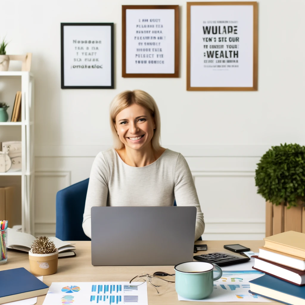 A person sits at a tidy desk with a laptop, surrounded by financial books, charts, and motivational posters. They are smiling and look focused, with a notebook, calculator, and coffee cup on the desk. The background includes plants and framed positive affirmations about wealth and success.