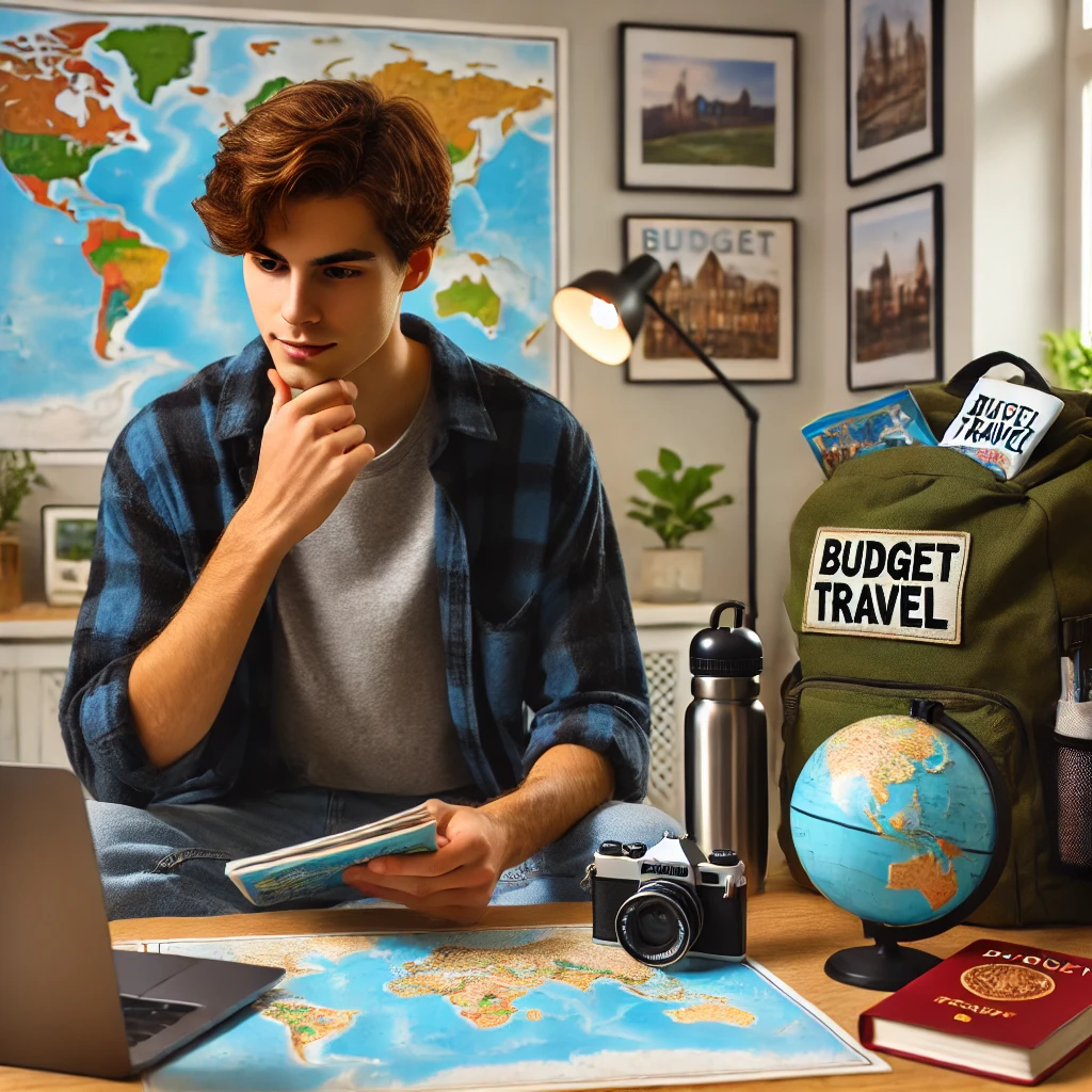 A young traveler sits at a table planning a budget trip. They are surrounded by a world map, travel guides, and a laptop. The person is focused, wearing casual clothes, with a backpack full of travel essentials nearby. The cozy room features travel posters on the walls and a small plant on the table.