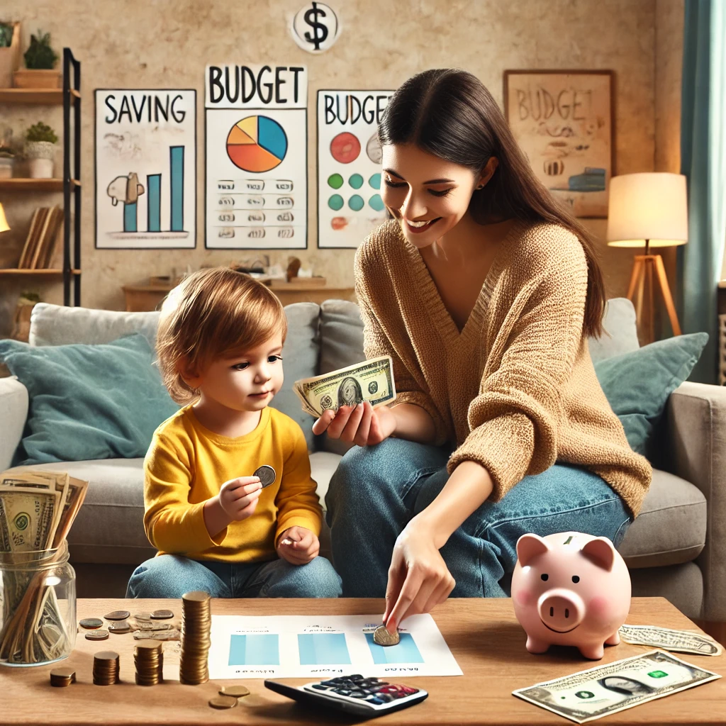 A parent and child sit at a table in a cozy living room. The parent is teaching the child about money using coins, dollar bills, and colorful piggy banks. The child looks curious, holding a coin, while the parent smiles warmly and points at a budget chart on the table. Educational posters about saving and budgeting decorate the background. The room has a warm, inviting atmosphere with soft lighting and comfortable furniture.