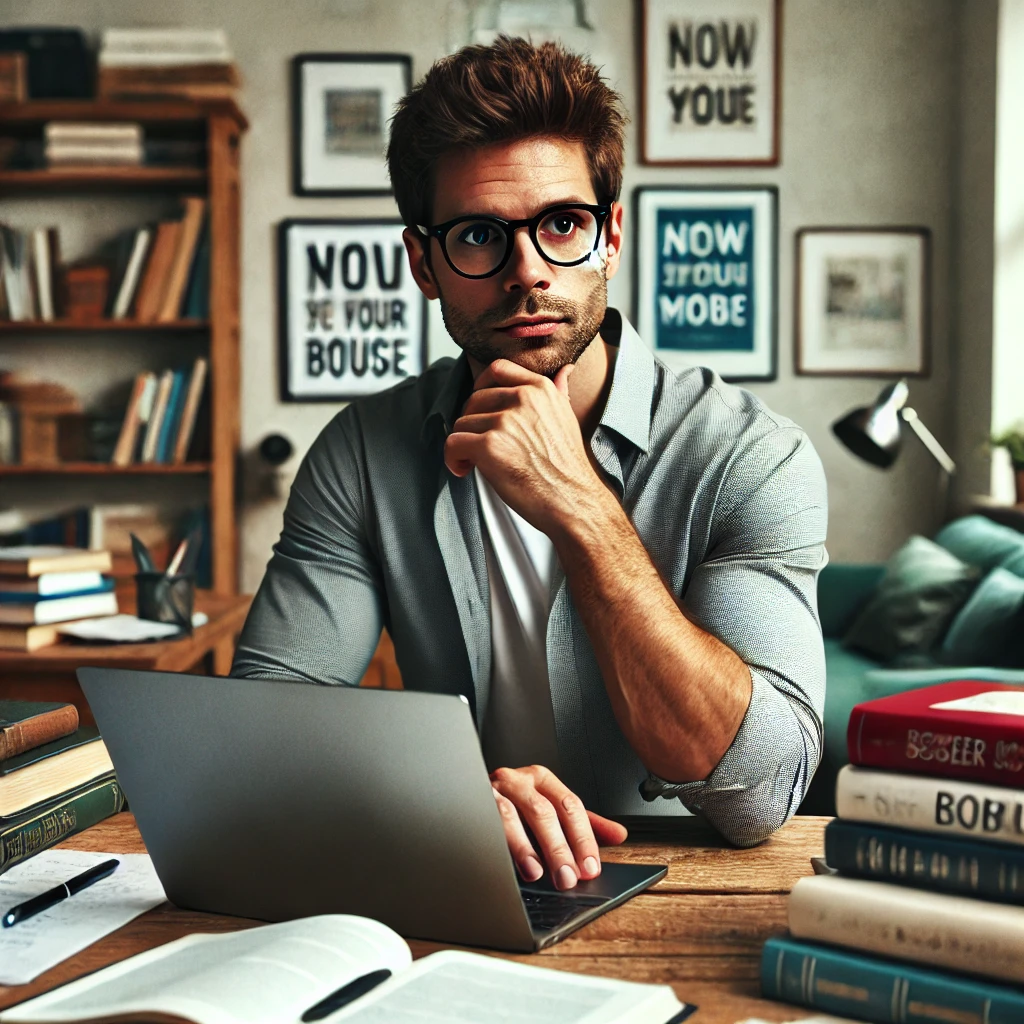 A man in his late 30s, with glasses, sits at a desk surrounded by books and a laptop. He appears thoughtful and slightly anxious as he prepares for a career change in his home office.