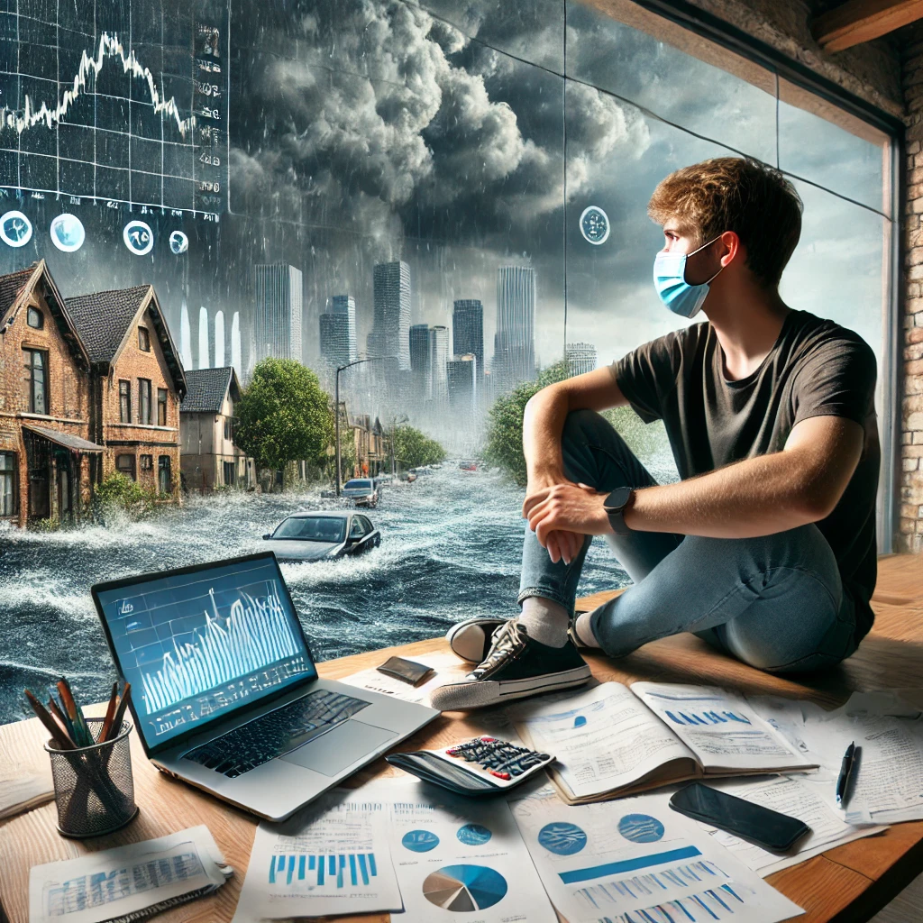 A person sits at a desk covered with financial documents and a laptop showing climate data. Outside the window, a cityscape is affected by climate change, with flooding streets, strong winds, and dark clouds. The person looks concerned and focused.