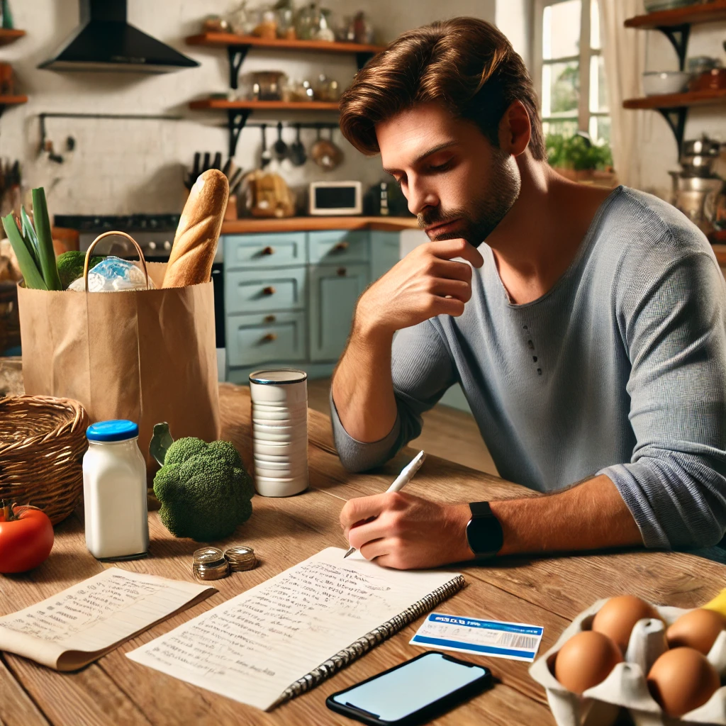 A person sits at a kitchen table creating a grocery shopping list. The table is cluttered with various food items, a notepad, grocery store coupons, and a smartphone. The person looks thoughtful with a pen in hand. In the background, a cozy kitchen setting with shelves, cabinets, and appliances is visible.