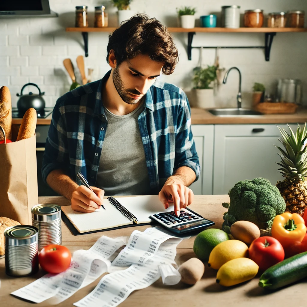 A person sits at a kitchen table with groceries, receipts, a notebook, and a calculator, focused on planning their monthly food budget. The table is cluttered with various food items, and light from a window illuminates the scene.