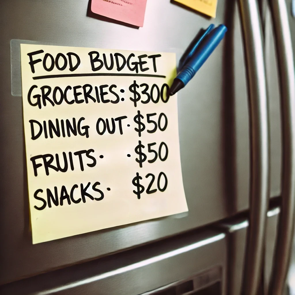 A sticky note on a modern stainless steel fridge. The note is titled “Food Budget” and has a list of Groceries, Dining Out, Fruits and Snacks with their respective budgeted amount.