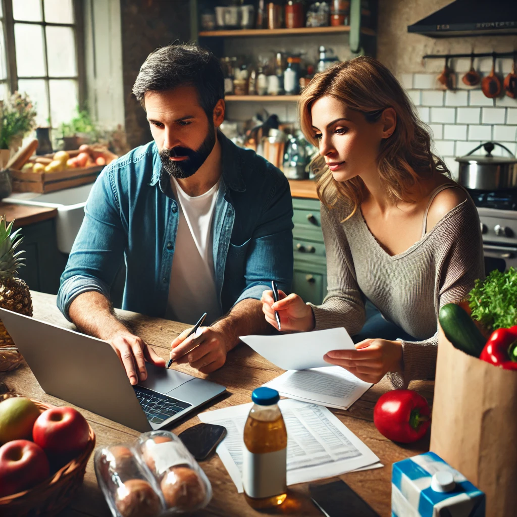 A man and a woman sit at a kitchen table surrounded by grocery items, a laptop, and papers. They are focused on the laptop and papers, discussing their grocery and food budget. The man is writing on a notepad, while the woman points at the laptop screen. The kitchen is cozy with shelves filled with food items and a fruit basket on the table. Natural light streams through a window, illuminating the scene.